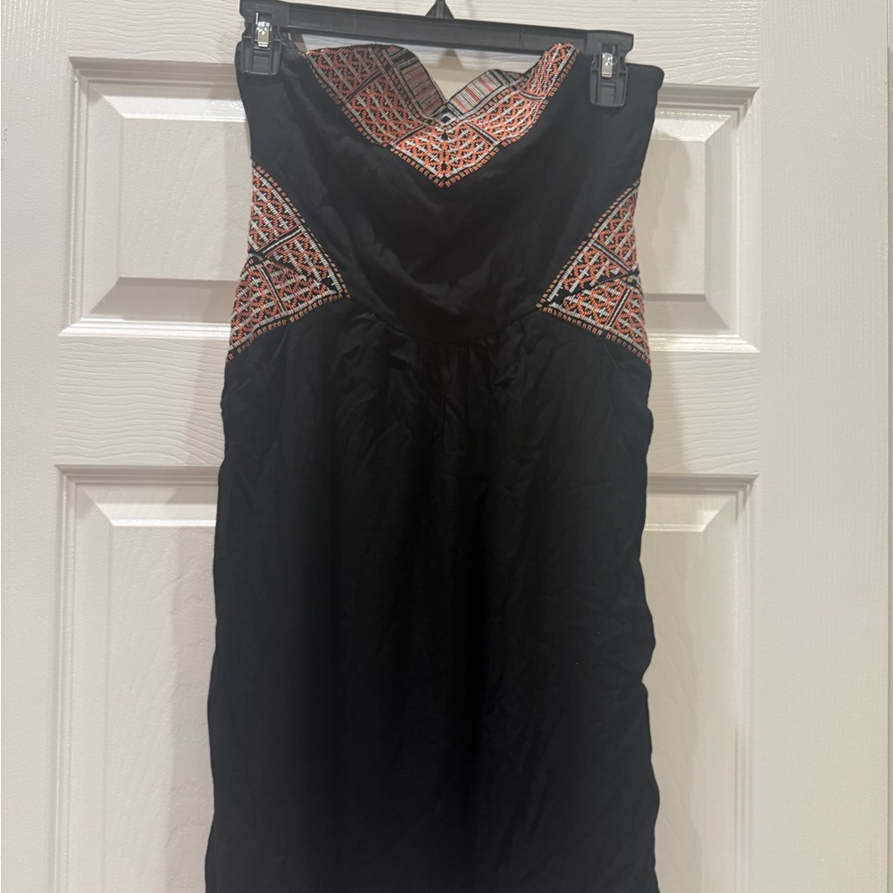 Anthropologie THML Strapless Black Dress with Coral Embroidered Accents